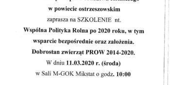 Powiatowy Zespół Doradztwa Rolniczego w powiecie ostrzeszowskim zaprasza na szkolenie:
