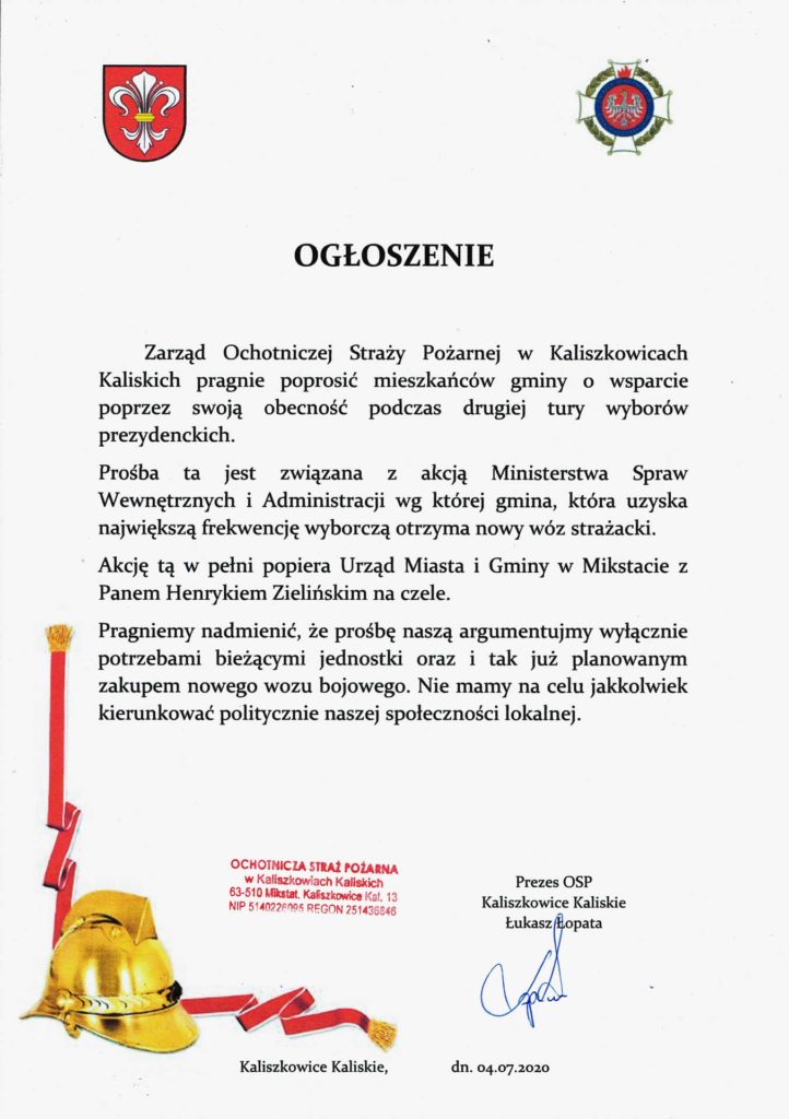 Ogłoszenie Zarządu Ochotniczej Straży Pożarnej  Kaliszkowicach Kaliskich