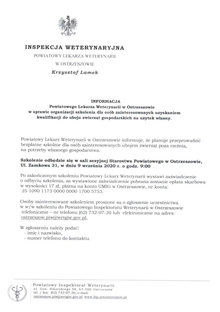 Inspekcji Weterynaryjnej w Ostrzeszowie