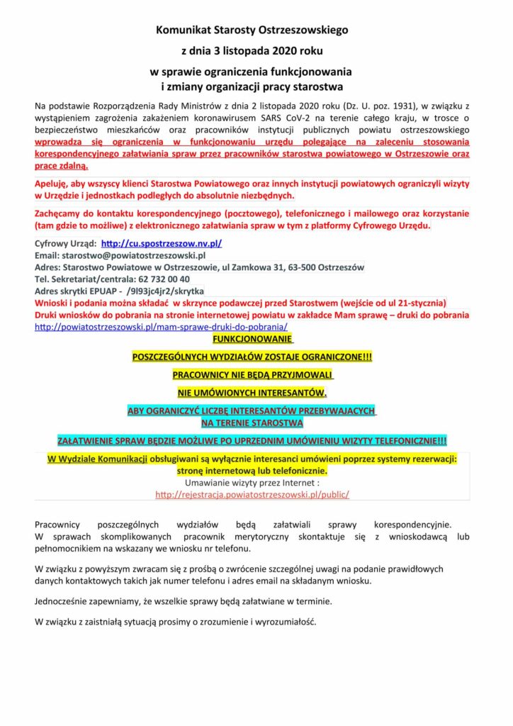 Komunikat Starosty Ostrzeszowskiego z dnia 3 listopada 2020 roku w sprawie ograniczenia funkcjonowania i zmiany organizacji pracy starostwa