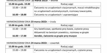 TYGODNIOWY HARMONOGRAM ZAJĘĆ KLUBU SENIOR+ W MIKSTACIE W terminie 21-25.03.2022 r.