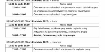 TYGODNIOWY HARMONOGRAM ZAJĘĆ KLUBU SENIOR+ W MIKSTACIE W terminie 11 – 15.04.2022 r.