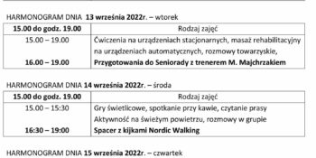 TYGODNIOWY HARMONOGRAM ZAJĘĆ KLUBU SENIOR+ W MIKSTACIE W terminie 12-16.09.2022 r.