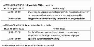 TYGODNIOWY HARMONOGRAM ZAJĘĆ KLUBU SENIOR+ W MIKSTACIE W terminie 12-16.09.2022 r.