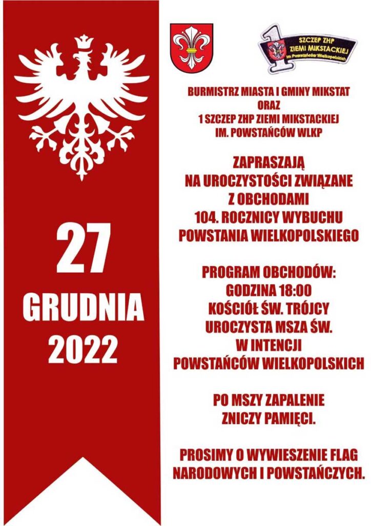 uroczyste obchody 104. rocznicy wybuchu Powstania Wielkopolskiego w Mikstacie