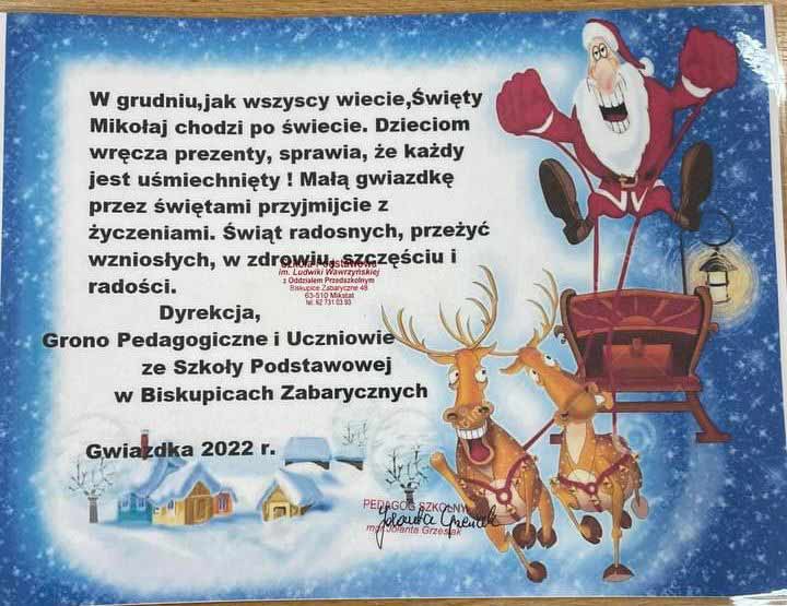 Uczniowie Szkoły Podstawowej z Biskupicach Zabarycznych w akcji ,,Każdy może zostać św. Mikołajem’’ przekazali dary wychowankom Placówki Wsparcia Dziecka i Rodziny w Ostrowie Wielkopolskim.