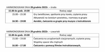 TYGODNIOWY HARMONOGRAM ZAJĘĆ KLUBU SENIOR+ W MIKSTACIE W terminie 27-30.12.2022 r.
