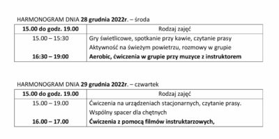 TYGODNIOWY HARMONOGRAM ZAJĘĆ KLUBU SENIOR+ W MIKSTACIE W terminie 27-30.12.2022 r.
