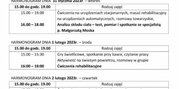 TYGODNIOWY HARMONOGRAM ZAJĘĆ KLUBU SENIOR+ W MIKSTACIE W terminie 30.01 – 3.02.2023r.