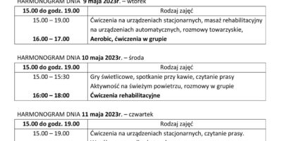 TYGODNIOWY HARMONOGRAM ZAJĘĆ KLUBU SENIOR+ W MIKSTACIE W terminie 22 – 26.05.2023r.