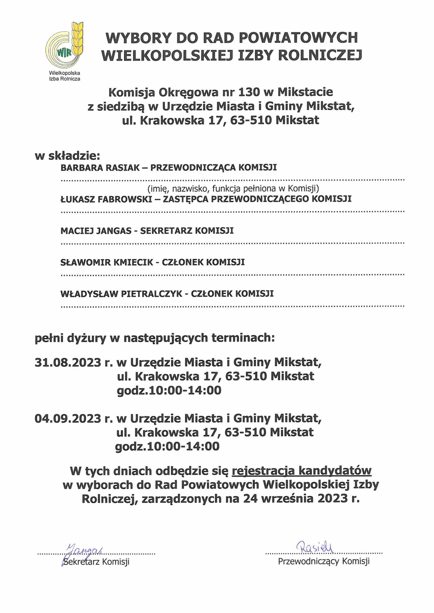 informacje oraz dokumenty dla kandydatów do rad powiatowych Wielkopolskiej Izby Rolniczej