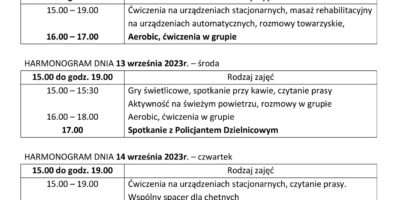 TYGODNIOWY HARMONOGRAM ZAJĘĆ KLUBU SENIOR+ W MIKSTACIE W terminie 11 – 15.09.2023r.
