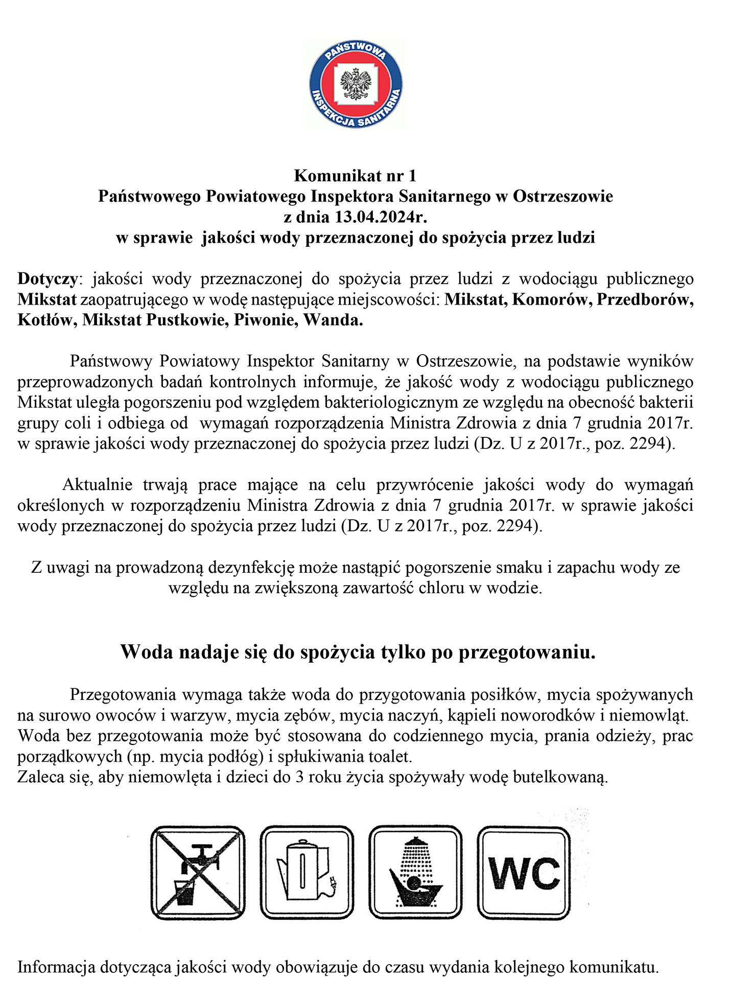 Komunikat nr 1 Państwowego Powiatowego Inspektora Sanitarnego w Ostrzeszowie z dnia 13.04.2024r. w sprawie jakości wody przeznaczonej do spożycia przez ludzi 