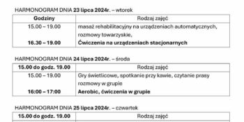 TYGODNIOWY HARMONOGRAM ZAJĘĆ KLUBU SENIOR+ W MIKSTACIE W terminie 22 – 26.07.2024r.