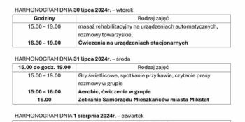 TYGODNIOWY HARMONOGRAM ZAJĘĆ KLUBU SENIOR+ W MIKSTACIE W terminie 29.07 – 2.08.2024r.