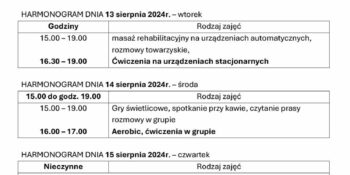 TYGODNIOWY HARMONOGRAM ZAJĘĆ KLUBU SENIOR+ W MIKSTACIE W terminie 12 – 16.08.2024r.