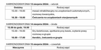 TYGODNIOWY HARMONOGRAM ZAJĘĆ KLUBU SENIOR+ W MIKSTACIE W terminie 12 – 16.08.2024r.