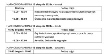 TYGODNIOWY HARMONOGRAM ZAJĘĆ KLUBU SENIOR+ W MIKSTACIE W terminie 12 – 16.08.2024r.