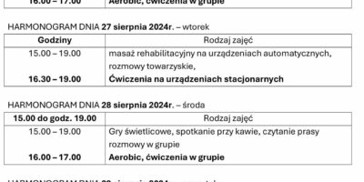 TYGODNIOWY HARMONOGRAM ZAJĘĆ KLUBU SENIOR+ W MIKSTACIE W terminie 26 – 30.08.2024r.