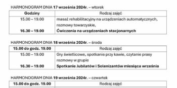 TYGODNIOWY HARMONOGRAM ZAJĘĆ KLUBU SENIOR+ W MIKSTACIE W terminie 16 – 20.09.2024r.