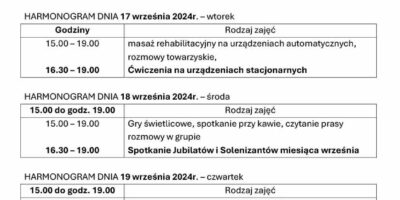 TYGODNIOWY HARMONOGRAM ZAJĘĆ KLUBU SENIOR+ W MIKSTACIE W terminie 16 – 20.09.2024r.