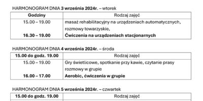 TYGODNIOWY HARMONOGRAM ZAJĘĆ KLUBU SENIOR+ W MIKSTACIE W terminie 2 – 6.09.2024r.