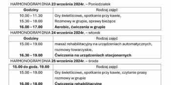 TYGODNIOWY HARMONOGRAM ZAJĘĆ KLUBU SENIOR+ W MIKSTACIE W terminie 22 – 27.09.2024r.