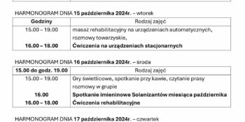 TYGODNIOWY HARMONOGRAM ZAJĘĆ KLUBU SENIOR+ W MIKSTACIE W terminie 14 – 18.10.2024r.