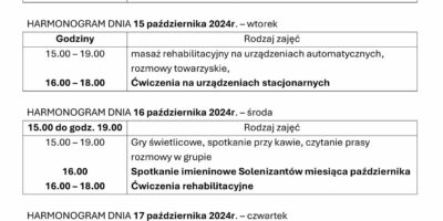 TYGODNIOWY HARMONOGRAM ZAJĘĆ KLUBU SENIOR+ W MIKSTACIE W terminie 14 – 18.10.2024r.