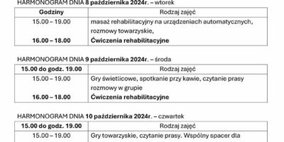 TYGODNIOWY HARMONOGRAM ZAJĘĆ KLUBU SENIOR+ W MIKSTACIE W terminie 7 – 11.10.2024r.