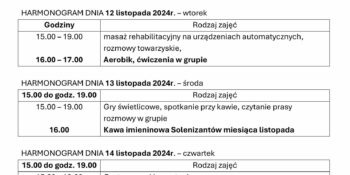 TYGODNIOWY HARMONOGRAM ZAJĘĆ KLUBU SENIOR+ W MIKSTACIE W terminie 11 – 15.11.2024r.