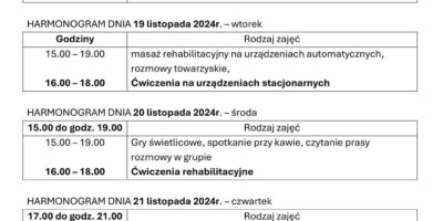 TYGODNIOWY HARMONOGRAM ZAJĘĆ KLUBU SENIOR+ W MIKSTACIE W terminie 18 – 22.11.2024r.