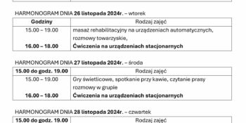 TYGODNIOWY HARMONOGRAM ZAJĘĆ KLUBU SENIOR+ W MIKSTACIE W terminie 25 – 29.11.2024r.