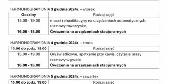 TYGODNIOWY HARMONOGRAM ZAJĘĆ KLUBU SENIOR+ W MIKSTACIE W terminie 2 – 6.12.2024r.