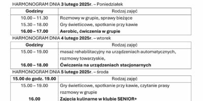 TYGODNIOWY HARMONOGRAM ZAJĘĆ KLUBU SENIOR+ W MIKSTACIE W terminie 2 – 7.02.2025r.