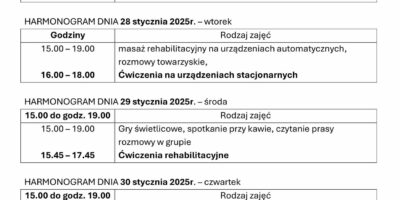 TYGODNIOWY HARMONOGRAM ZAJĘĆ KLUBU SENIOR+ W MIKSTACIE W terminie 27 – 31.01.2025r.