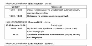 TYGODNIOWY HARMONOGRAM ZAJĘĆ KLUBU SENIOR+ W MIKSTACIE W terminie 17 – 21.03.2025r.