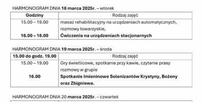 TYGODNIOWY HARMONOGRAM ZAJĘĆ KLUBU SENIOR+ W MIKSTACIE W terminie 17 – 21.03.2025r.