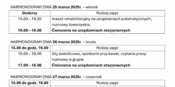 TYGODNIOWY HARMONOGRAM ZAJĘĆ KLUBU SENIOR+ W MIKSTACIE W terminie 24 – 28.03.2025r.