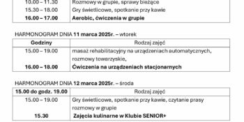 TYGODNIOWY HARMONOGRAM ZAJĘĆ KLUBU SENIOR+ W MIKSTACIE W terminie 9 – 14.03.2025r.