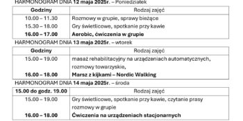 TYGODNIOWY HARMONOGRAM ZAJĘĆ KLUBU SENIOR+ W MIKSTACIE W terminie 10 – 16.05.2025r.