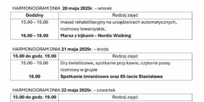 TYGODNIOWY HARMONOGRAM ZAJĘĆ KLUBU SENIOR+ W MIKSTACIE W terminie 19 – 23.05.2025r.
