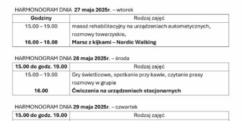 TYGODNIOWY HARMONOGRAM ZAJĘĆ KLUBU SENIOR+ W MIKSTACIE W terminie 26 – 30.05.2025r.