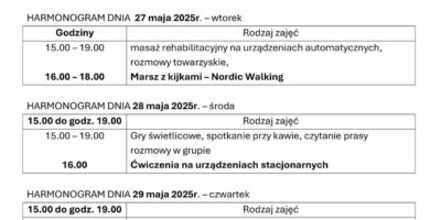 TYGODNIOWY HARMONOGRAM ZAJĘĆ KLUBU SENIOR+ W MIKSTACIE W terminie 26 – 30.05.2025r.