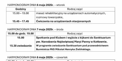 TYGODNIOWY HARMONOGRAM ZAJĘĆ KLUBU SENIOR+ W MIKSTACIE W terminie 5 – 9.05.2025r.