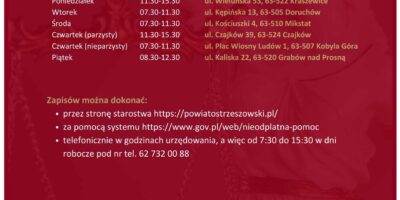 Fundacja Togatus Pro Bono, w ramach realizacji rządowego programu, udziela nieodpłatnej pomocy prawnej w Powiecie Ostrzeszowskim.