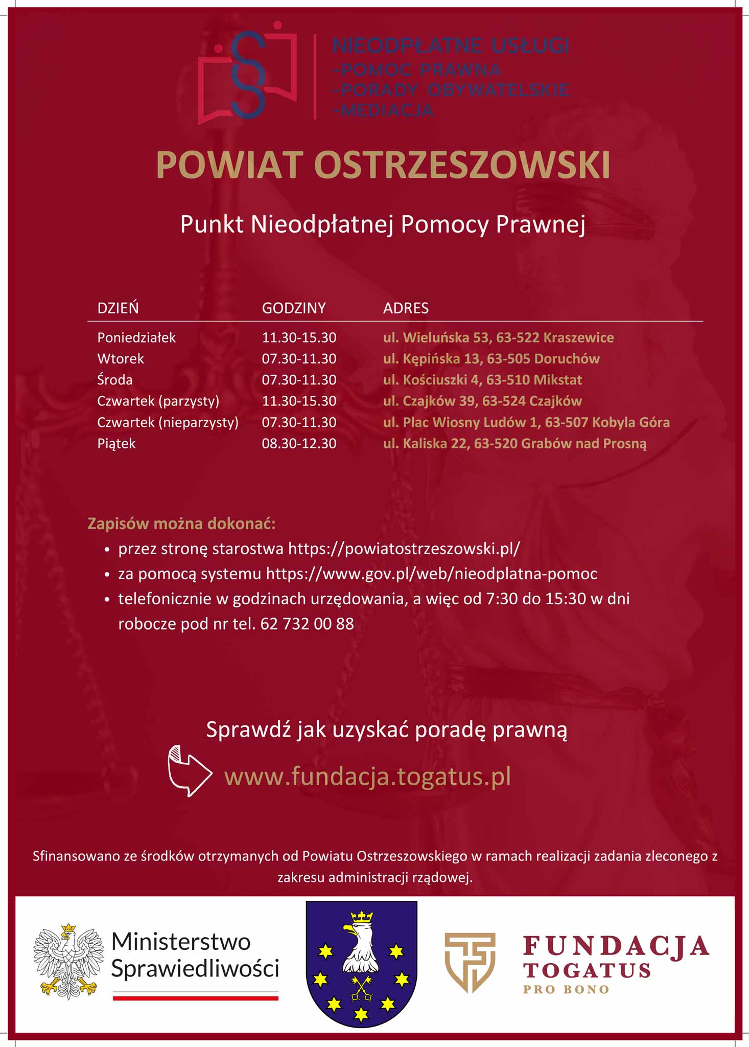 Fundacja Togatus Pro Bono, w ramach realizacji rządowego programu, udziela nieodpłatnej pomocy prawnej w Powiecie Ostrzeszowskim.