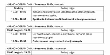TYGODNIOWY HARMONOGRAM ZAJĘĆ KLUBU SENIOR+ W MIKSTACIE W terminie 16 – 20.06.2025r.