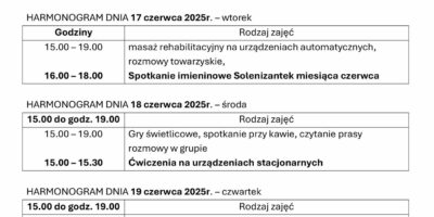 TYGODNIOWY HARMONOGRAM ZAJĘĆ KLUBU SENIOR+ W MIKSTACIE W terminie 16 – 20.06.2025r.