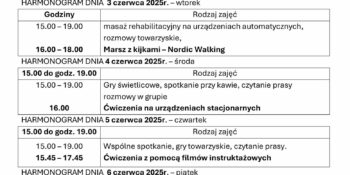 TYGODNIOWY HARMONOGRAM ZAJĘĆ KLUBU SENIOR+ W MIKSTACIE W terminie 2 – 7.06.2025r.